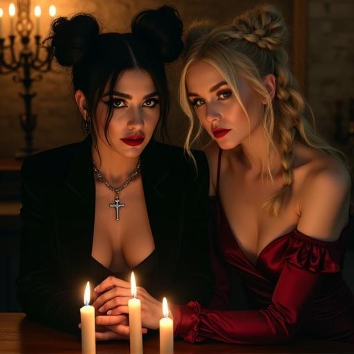 Two women in a candlelit gothic setting. Black haired woman with two buns and black velvet blazer. Blonde woman with braided hair in maroon satin dress. They sit at a table with flickering candles. Stone wall background with vintage candelabra. Moody and dramatic lighting.