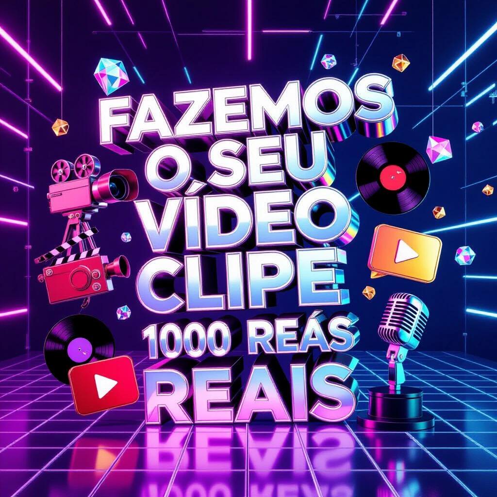 Ultra-modern 3D promotional design with dynamic perspective. Massive chrome-finished 3D text in rainbow reflections. Surrounding photorealistic icons include RED cinema camera, spinning vinyl records, golden Grammy trophy, diamond-encrusted microphone, glowing play button, film strip ribbon. Futuristic studio background features neon grid floor, geometric shapes, laser beams, and fog effects. Hyper-realistic rendering with shadow and reflection effects.