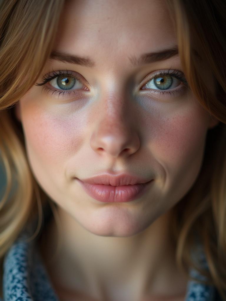 A beautiful Russian girl with soft features. Her eyes look directly at the lens. Soft smile adds warmth to the image. Captured in a close-up format. Natural light enhances charm.