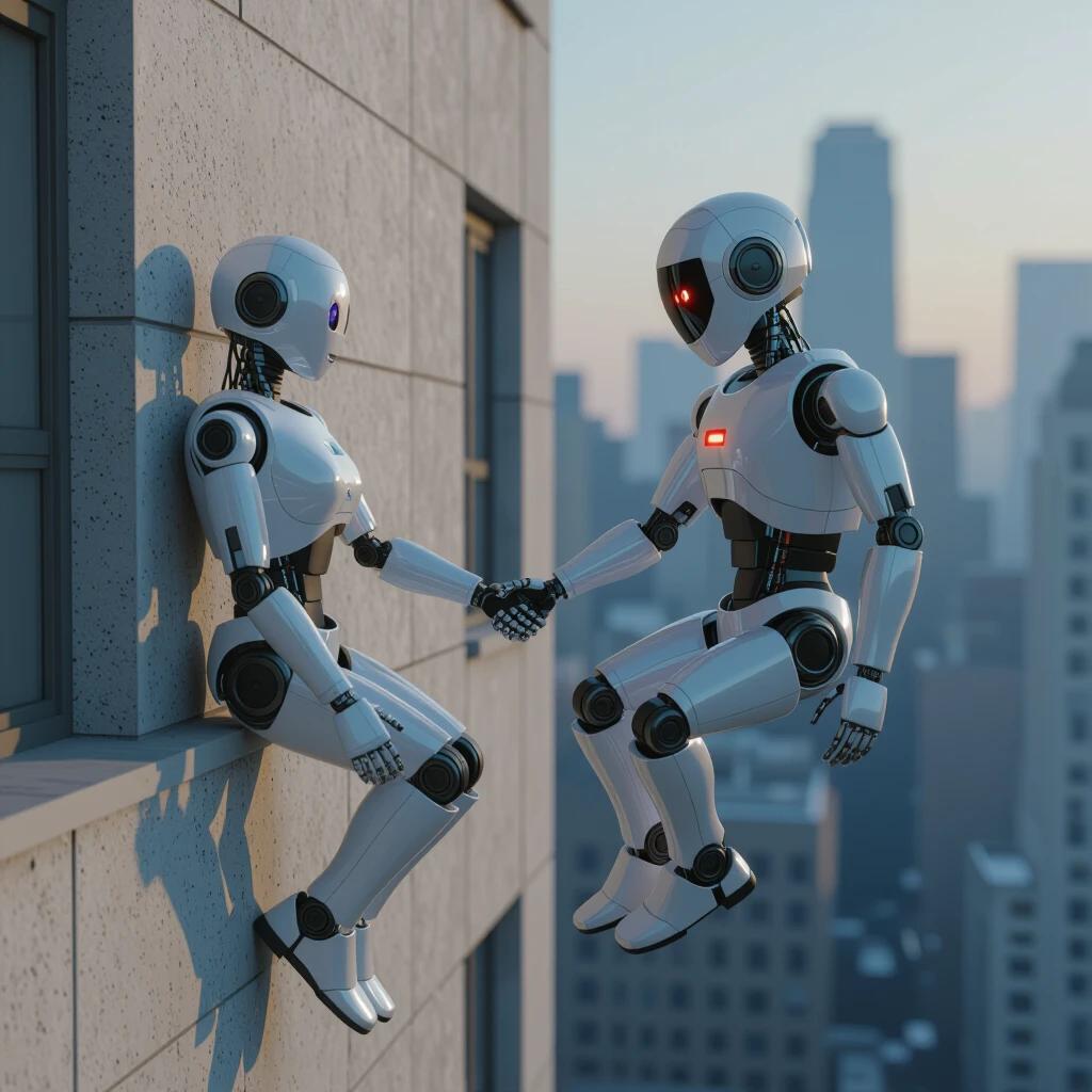 Two robots holding hands. One robot sits on a building edge. Twilight city skyline in the background. Soft focus gives a dreamy effect. Robots designed with an 80s aesthetic.