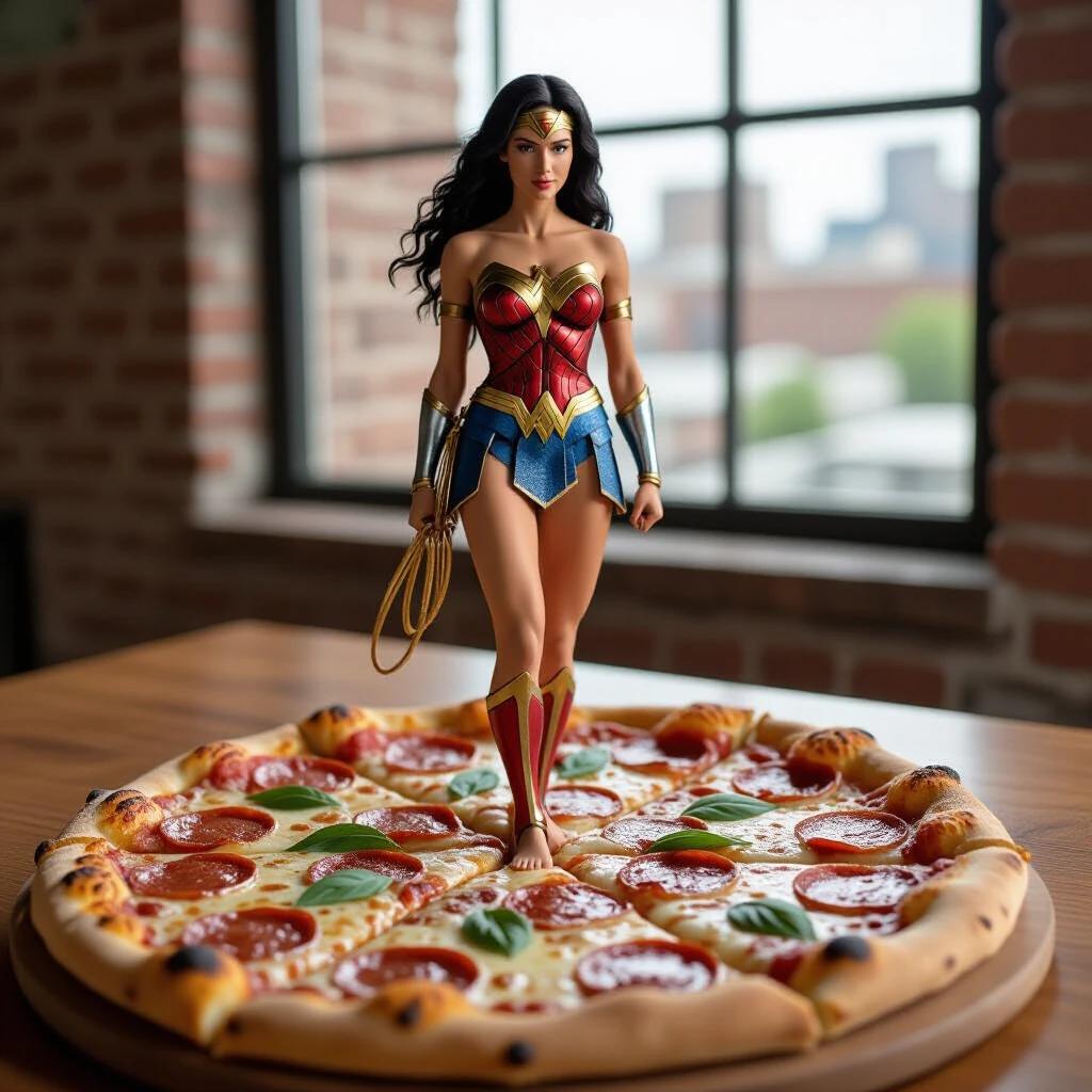 Wonder Woman stands barefoot on a pizza. The figure has a heroic pose and is slightly turned to the left. The scene conveys a mix of fantasy and culinary delight.