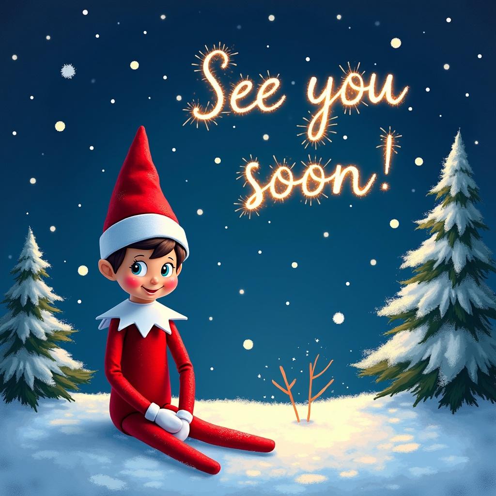 Create a cheerful illustration featuring the Elf on the Shelf sitting in a snowy landscape at night. The elf wears a classic red outfit with a white collar and gloves, exuding a playful demeanor. Surround the elf with tall green pine trees dusted with snow. Above, in sparkling lights, have the phrase 'See you soon Carsyn' glowing in the night sky. The atmosphere is magical and festive, evoking the joy of the holiday season.