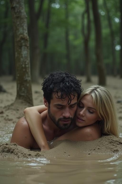 A dark haired man faces quicksand while a blonde woman clings to him. She tries to help him stay above the dark muddy ground. Both display panic in a forest environment. The scene captures their emotional struggle.