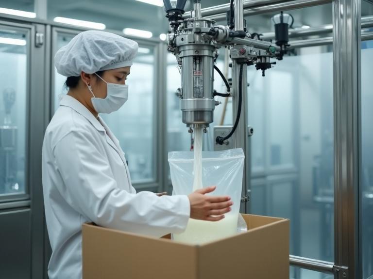 A clean environment in a food factory. A woman in a white lab coat and hat operates a machine filling a bag-in-box. The bag is inside a cardboard box. The setting is industrial and organized.