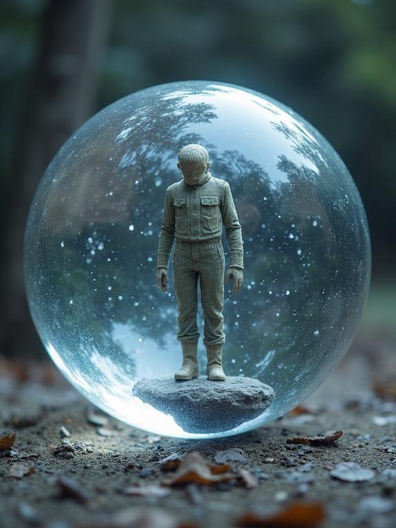 A human figure stands inside a semi-transparent orb. The figure is depicted in grey clothing. It is placed on a rock within the orb. The orb reflects a starlit background. The setting features blurred natural surroundings. Emphasis on a mystical theme.