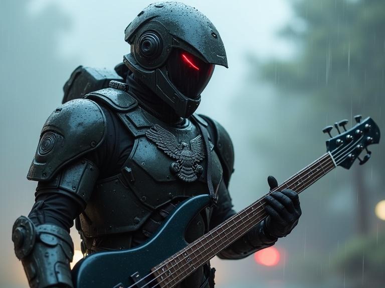 Heavily armored soldier stands in rain playing bass guitar. Dark combat suit features tactical gear including helmet with glowing red eyes. Intense appearance with detailed armor and eagle logo. Background is blurred with soft lighting and raindrops on armor.