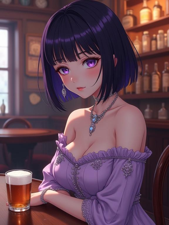 Anime lady with dark violet bob haircut. Luminous skin. Wearing off-shoulder lilac gown. Holding glass of beer. Vintage bar setting with nostalgic charm. Piercing violet eyes.