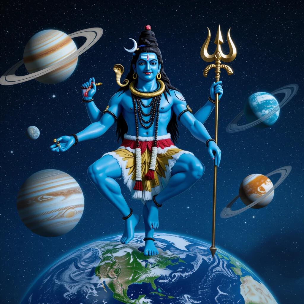 Cinematic scene of Lord Shiva standing on one leg on a globe while performing the Nataraja dance with a trident beside him. He carries a drum and has snake jewelry on his neck. His expression is serene. The scene is set in space with swirling planets and stars in the night sky. Lord Shiva is adorned with a tiger skin and surrounded by cosmic elements.