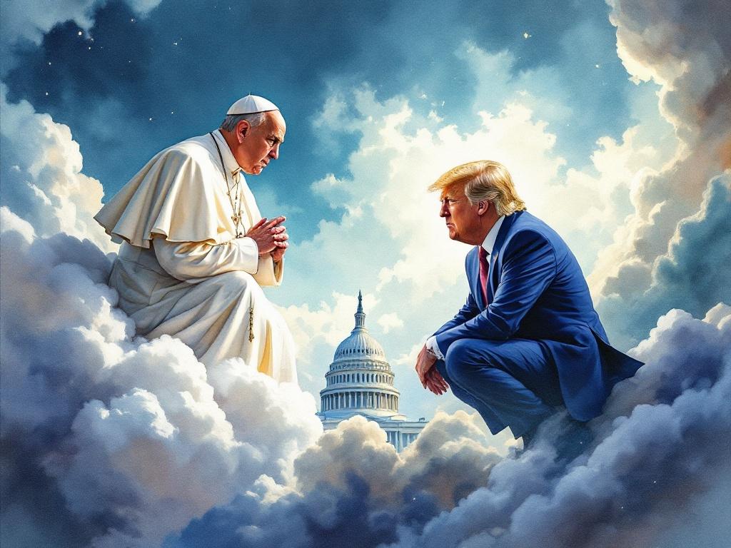 Watercolor illustration featuring Pope Francis on a cloud rejecting Donald Trump. Dark steampunk fantasy atmosphere. Capitol building located in the background. Vivid colors enhancing expressions and body language in a Ghibli style.
