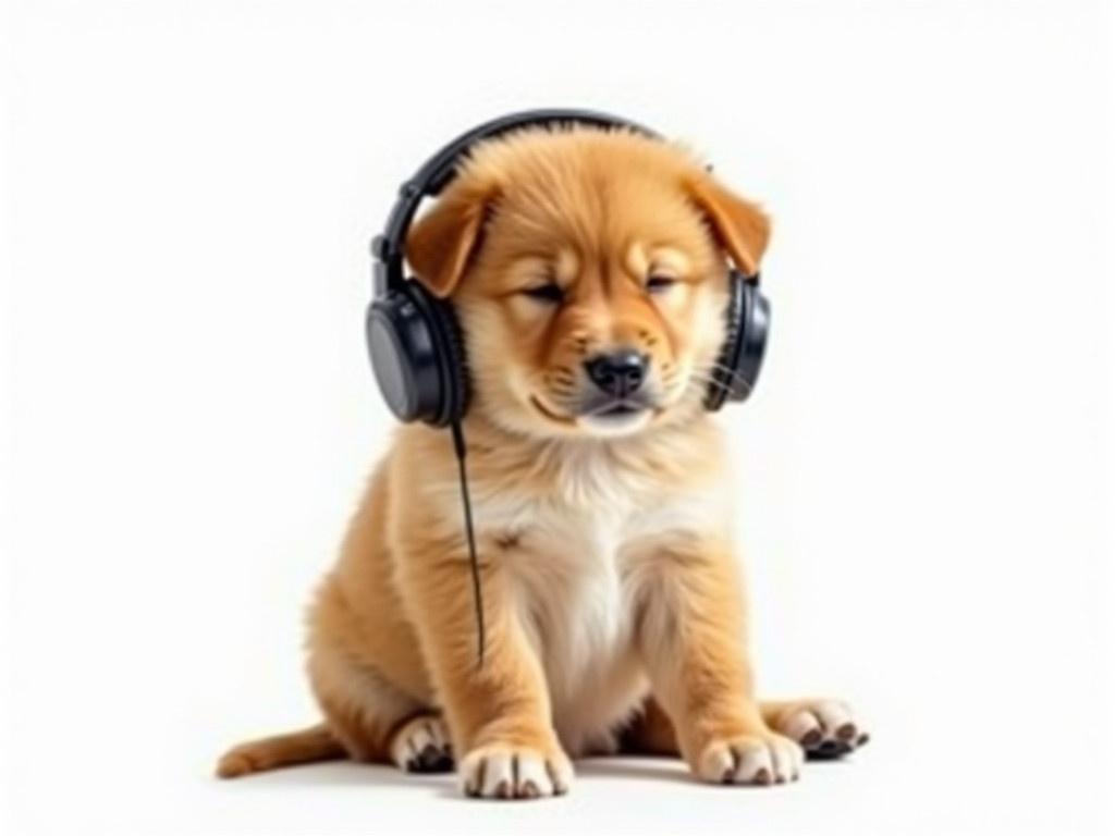 A young puppy enjoying music through earphones. Its eyes are closed as it savors the melodies. The puppy has a fluffy golden coat that shines vividly. It sits comfortably, completely absorbed in the music playing softly. The background is bright white, enhancing the sharp details of the puppy's features. The earphones rest gently on its ears, creating an adorable scene. This image is captured in stunning 4k resolution, showcasing the puppy's cuteness.