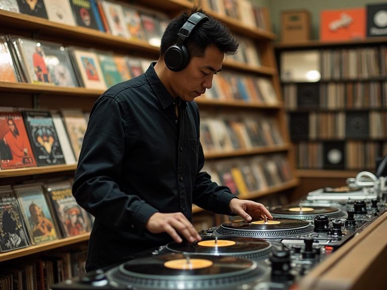 DJ playing vinyl records on turntables in a record store wearing headphones standing in front of vinyl collections