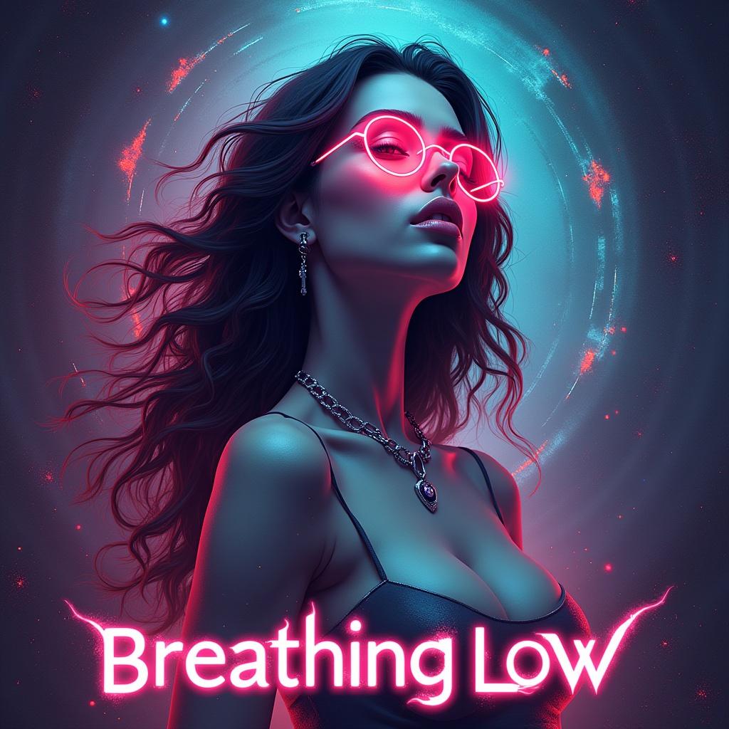 Futuristic art featuring a woman on a music album cover with the text Breathing Low in neon style, representing EDM.