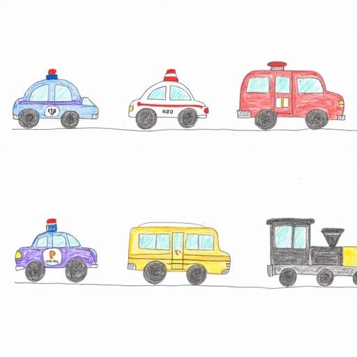 Children’s drawing features a variety of vehicles including police cars ambulances fire trucks school buses and a train. All vehicles are drawn separately. Bright and cheerful colors dominate the drawing.