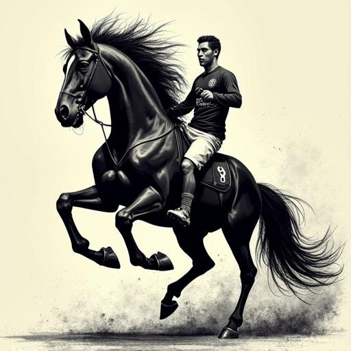 A striking scene of a black horse rearing up with a rider wearing a mask resembling a famous athlete. The rider holds a weapon in one hand while the horse exudes power through its posture. The artwork is reminiscent of Jim Lee's dynamic style, showcasing detail and motion.