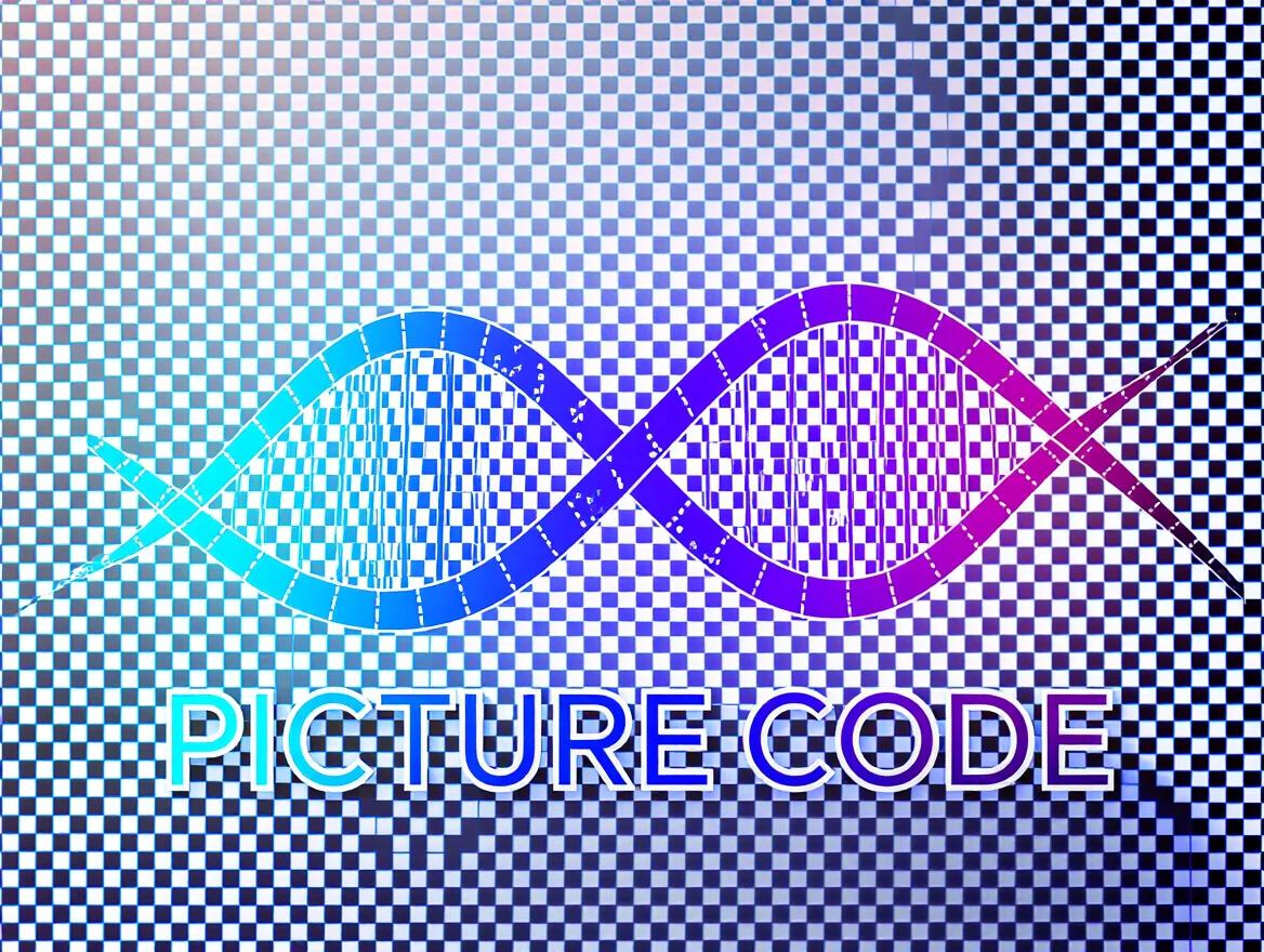 Sleek modern logo for DTF printing company Called 'Picture Code'. Double helix DNA strand transforms into digital barcode. Colorful DTF print dots. Clean lines futuristic gradient colors with transparent background. Integrated text in geometric tech font. Ultra HD 8K vector.