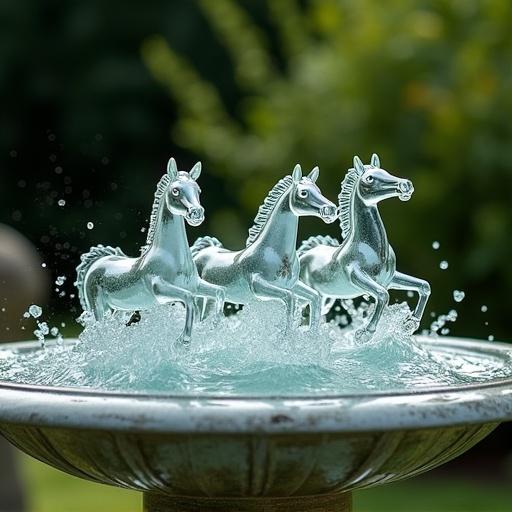 Translucent glass horses splashing across the top of a bird bath. Water sprays around them, creating a lively scene in a garden setting.