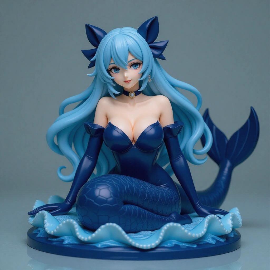Lapras-inspired mermaid figure. Sensual adult woman with curvaceous body. Sitting on a marine base with leg stretched out. Wears tight-fitting navy blue outfit with shiny details. Long blue hair with bows resembling Lapras's ears. Seductive expression with sideways gaze. Bust enhanced with daring top and thigh-high boots. Tail or marine elements around her. Base shows water wave effect. Overall style is hypersensual and magical, ready for resin printing.