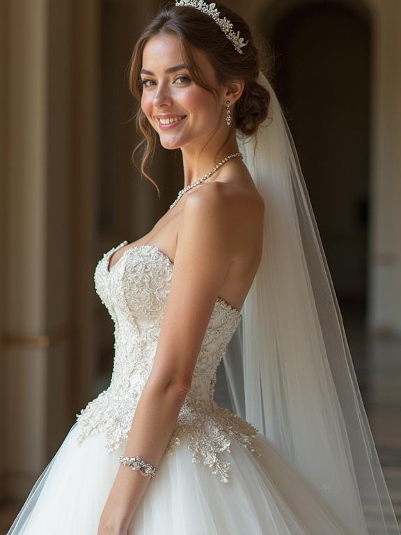 Beautiful bride wearing an intricately detailed wedding dress with a sweetheart neckline. Elegant veil cascades down the back. The dress features sparkling embellishments. A stunning necklace adorns the neck, adding sophistication. The bridal look is completed with tasteful accessories, leaving a lasting impression.