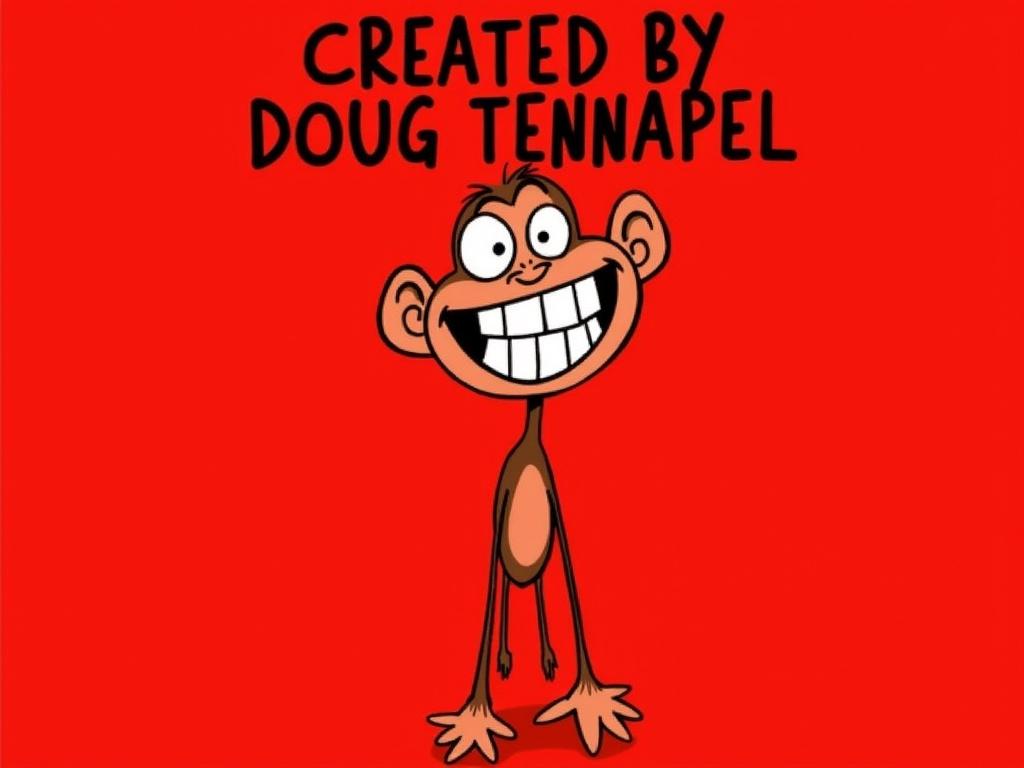 The image features an animated character, a monkey, on a bright red background. The monkey is grinning widely, with exaggerated facial features such as large round eyes and a broad smiling mouth. Its body is thin and elongated, with thin limbs and a simplistic, sketch-like drawing style. The text on the image reads "CREATED BY DOUG TENNAPEL," in a bold, black font, with the words prominently displayed above the character. The overall composition is playful and vibrant, emphasizing the quirky nature of the artwork.