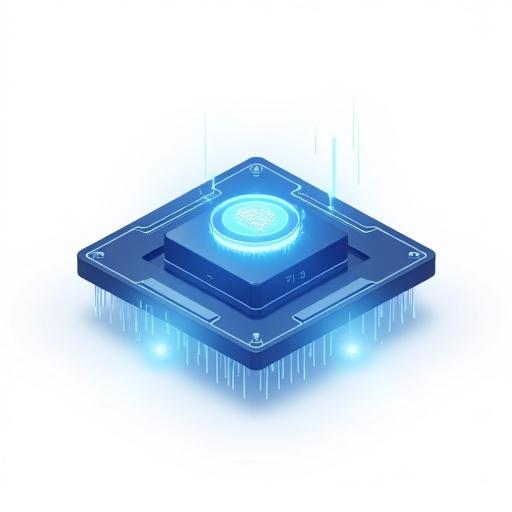 Create an isometric icon of a glowing AI chip. Include a speed dial overlay. The chip features clean circuit lines and glowing accents. A digital brain symbol is at the center. A performance gauge motif is in the corner for representation of speed. Use a blue color palette with white and subtle gradients. The style is flat and SaaS with a white background and soft shadows.