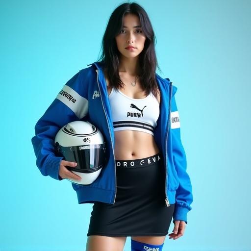 Professional full-body shot of a young woman with dark straight hair standing confidently. She holds a white racing helmet under her left arm. She wears a short black skirt with a white Puma waistband, a white sports bra with Puma branding, and a blue racing jacket with Puma logos. A light to medium blue gradient background enhances the modern aesthetic. Soft lighting highlights the textures of her clothes and features.
