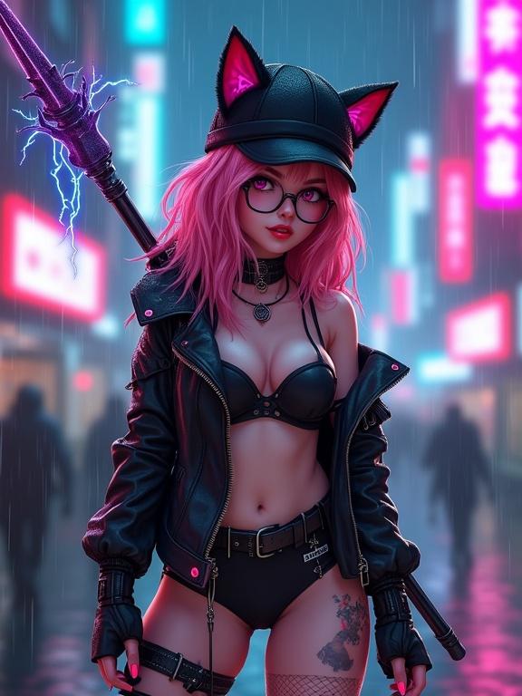 Female warrior character with cyberpunk aesthetics. Features long pink hair with red tips, black winter hat with cat ears, leather jacket, and bikini-style clothing. Surrounded by a rain-covered futuristic cityscape, glowing neon signs in the background. Character's face is expressive with a flirty tongue gesture, and she has cybernetic tattoos. Glaive visibly glowing on her back. Aimed for ultra-realistic styling and mature appearance.