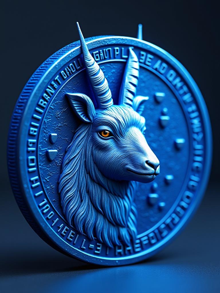 Artwork depicting a blue goat coin in 3D. The coin features a goat's head in a stylized manner. The background is simple to emphasize the coin. The goat has prominent horns and detailed fur texture.