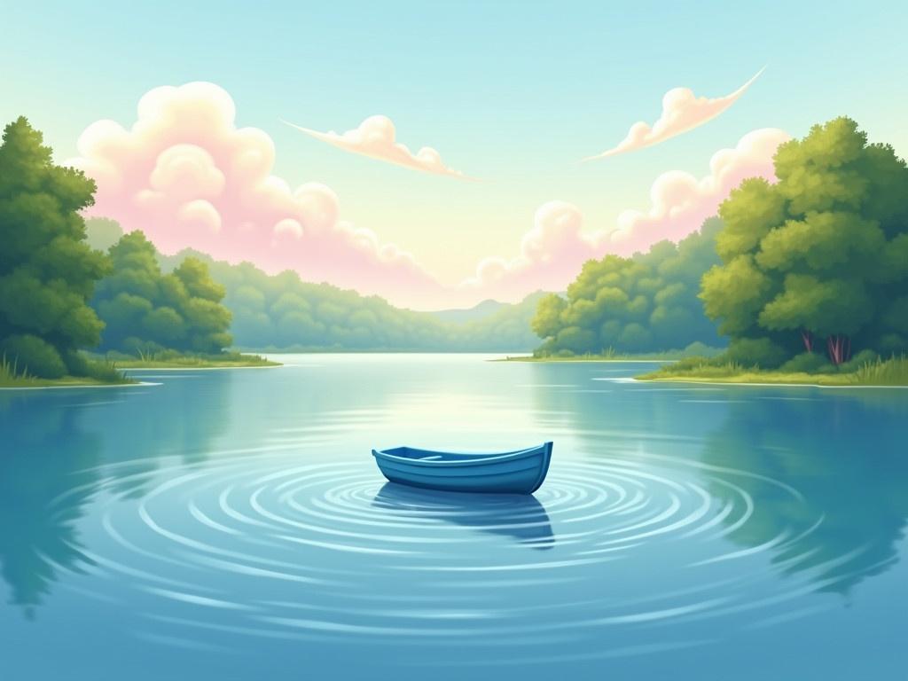 Imagine a serene and beautiful lake scene where the water is calm and clear, reflecting the sky above. In the foreground, the blue boat gently floats on the lake's surface, surrounded by soft ripples that create a tranquil atmosphere. The surroundings are lush with greenery, with trees lining the banks of the lake. In the distance, the sky is painted with soft pastel colors, hinting at either dawn or dusk. Delightful wisps of clouds float above, adding to the dreamy quality of the scene. The overall image feels peaceful and inviting, perfect for a day of relaxation on the water.