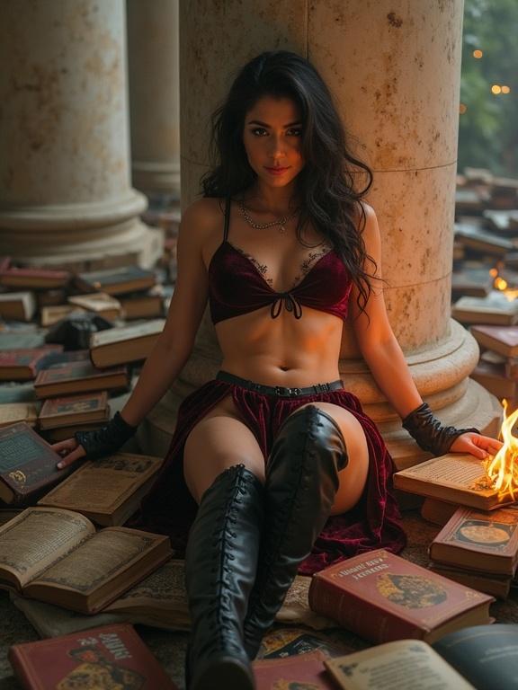 A woman in a velvet outfit sits on the floor surrounded by open books. She leans against a marble column. Shadows loom nearby creating a sense of fantasy. The scene is warmly lit with a flickering flame. The setting evokes an otherworldly atmosphere.