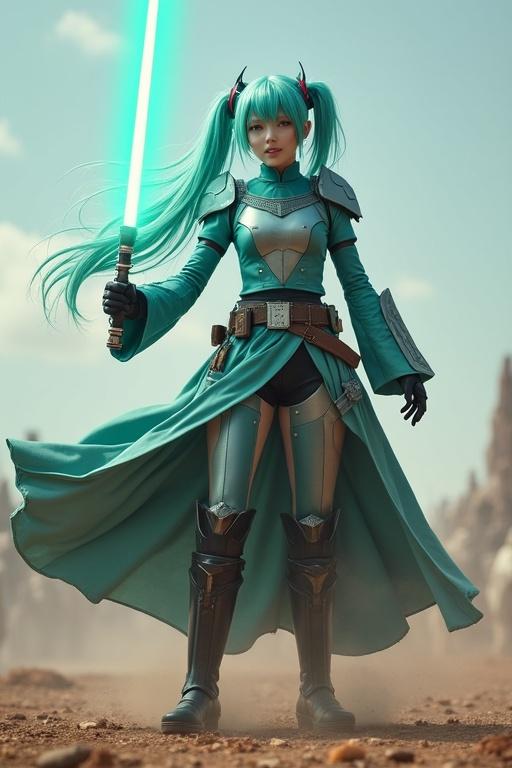 Hatsune Miku in jedi armor with a turquoise lightsaber. Character dances and sings on a battlefield.
