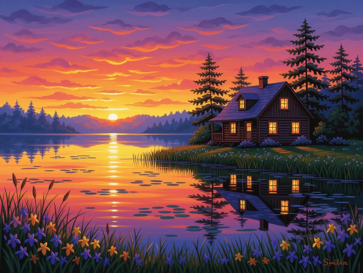 A tranquil lakeside scene at golden hour with a rustic wooden cottage glowing. The sky features deep purples fiery oranges and soft pinks. Water lilies dot the lake. Tall trees silhouette against the sunset. Foreground has blooming irises and wildflowers in vibrant colors. It appears painted with brushstrokes like traditional oil painting.