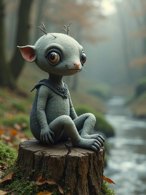 A gray storybook guardian with twinkling eyes sits on a tree stump gazing at the riverbend. The character has stubby limbs covered in stitched fabric. The art has a painterly look. The scene is bright and features a fantasy theme.