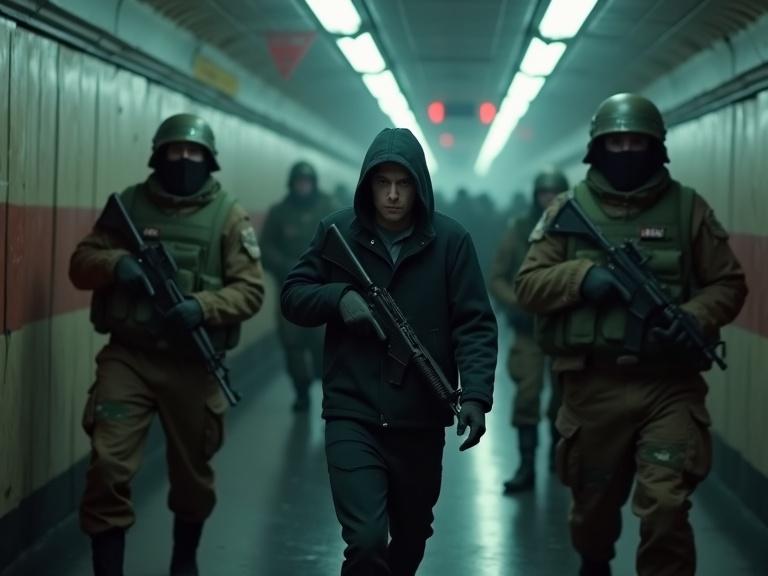 A hyper realistic depiction of an assassin hiding in the Russian metro while soldiers search for him. Cinematic atmosphere with a sense of urgency. Underground tunnel setting with a tense, dramatic feel.