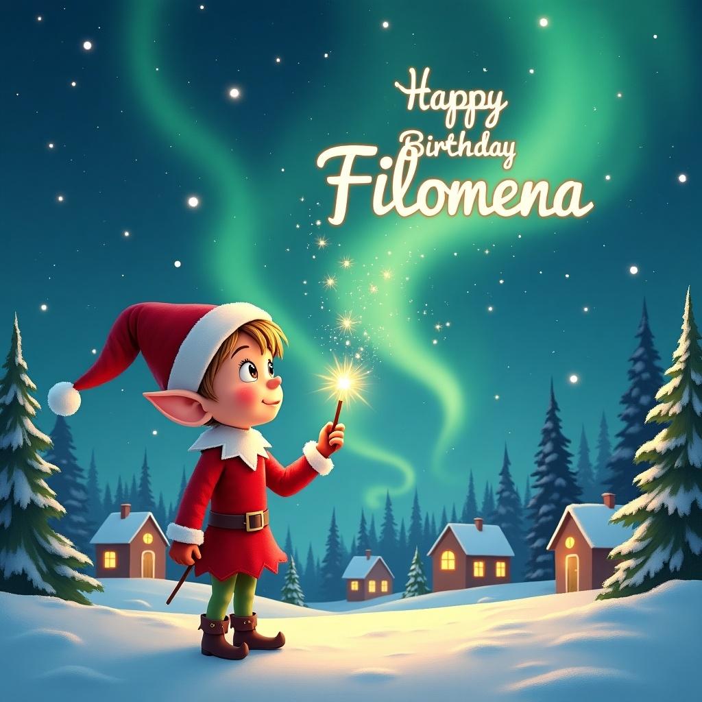 An elf gazes at a magical sky. The girl elf with beige skin wears a red outfit and holds a sparkling wand. The elf writes 'Happy Birthday Filomena' in the sky. Background shows snowy landscape with houses and evergreen trees under Northern Lights. Scene captures childhood magic and Christmas cheer.