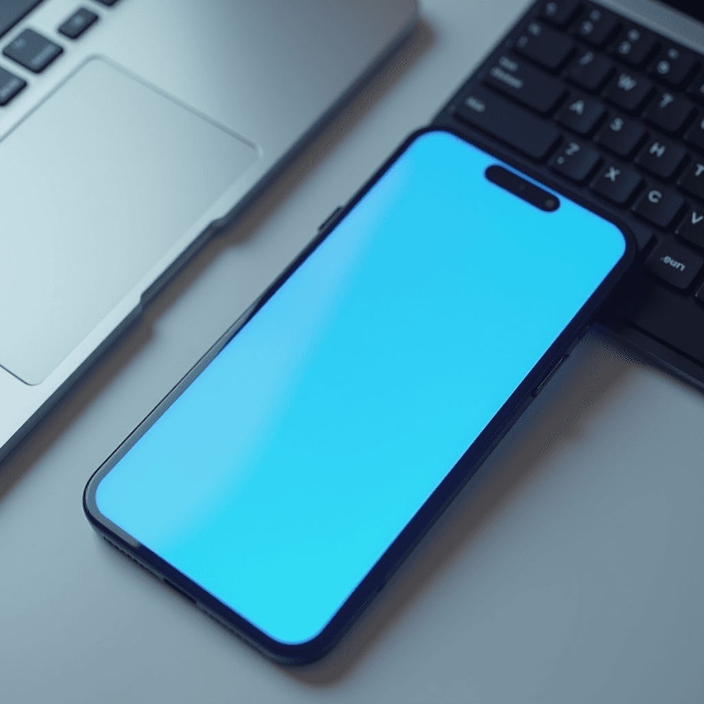 A smartphone with a blue screen is placed between a keyboard and a laptop.