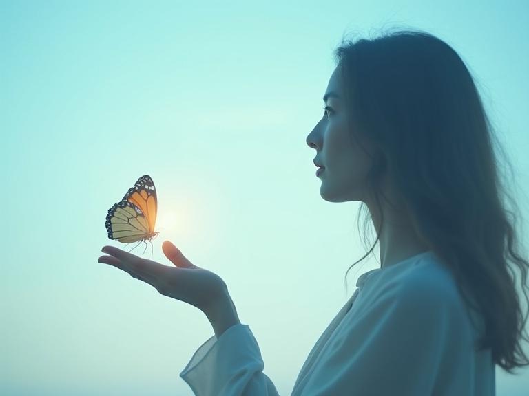 A woman in profile holding a butterfly on her hand. Soft light blue background. Serene and ethereal atmosphere. Embodies a spiritual journey. Realistic photography.