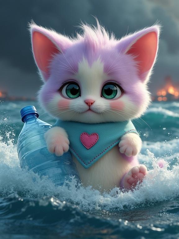 Fluffy kitten with pink and lavender fur and a white belly. Green eyes and oversized head. Holding a large plastic water bottle. Tossed in a rough stormy sea. Dark sky with hints of fire on the horizon.