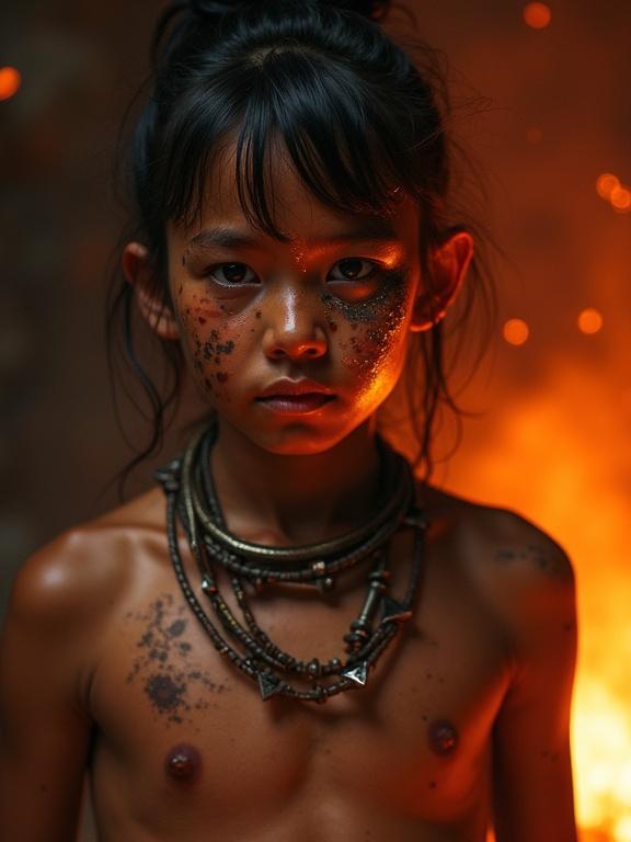Portrait of the Molten-Eye, an apprentice of the forge caste in post-apocalyptic tribal society. Face has heat scars and soot. One eye narrowed; other reflects molten light from mirror. Background glows with molten iron. Bare chest shows ritual burn marks. Necklace of screws and wire. Light and shadow flicker across face highlighting pain and awe. Fire particles in smoky air.