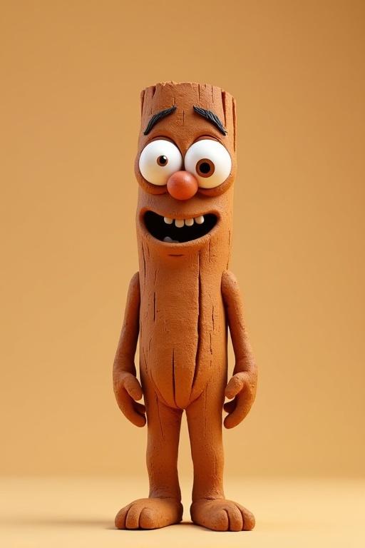 Stylized 3D character design of a cinnamon stick person. Exaggerated features with large googly eyes. Character has a curious expression. Made of cinnamon with a textured surface. Whimsical and unique.