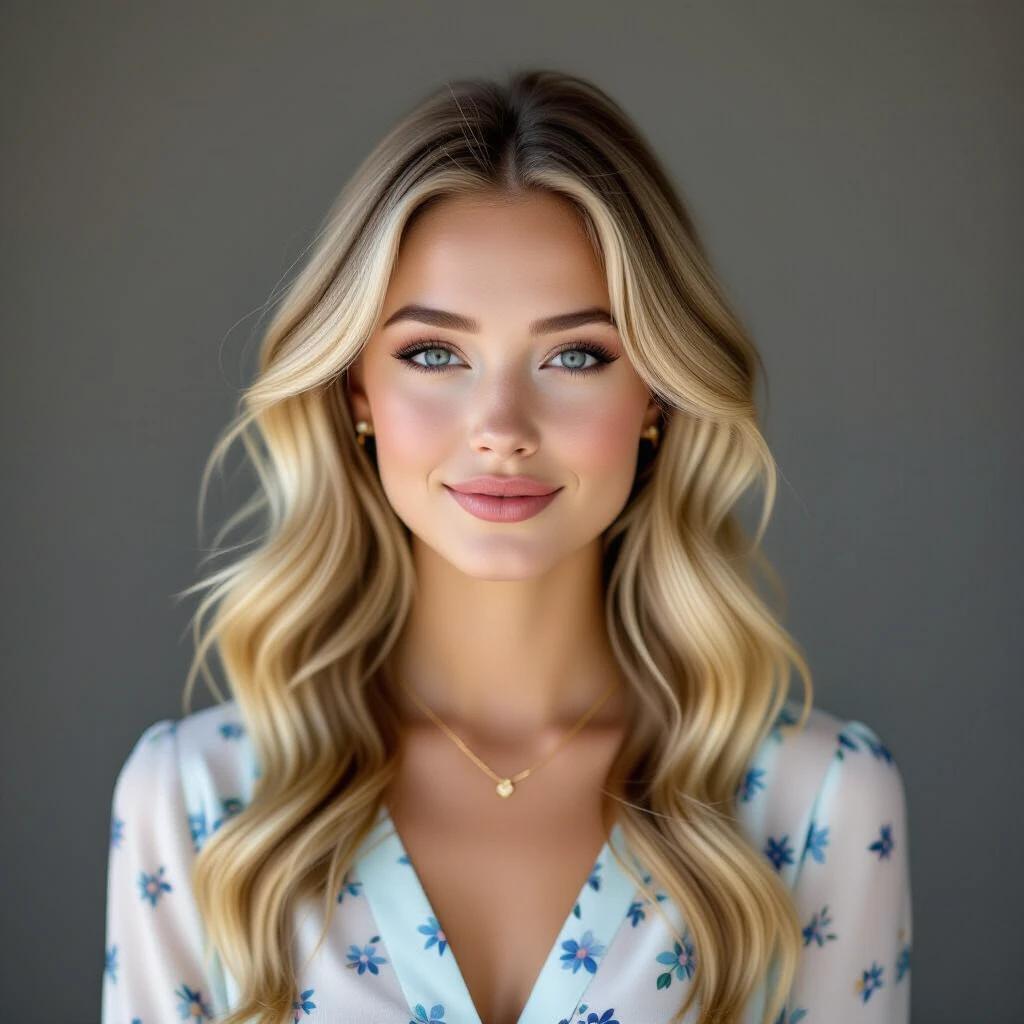 A young adult woman with fair skin and light blonde hair poses for a full-length portrait. She has blue eyes and a neutral expression. Her long wavy hair falls over her shoulders. She wears black cat-eye eyeliner, soft pink blush, and light pink lips. Her blouse is light blue with a floral pattern featuring small blue flowers. The V-neckline reveals her bust. She has a delicate gold necklace with light-colored pendants and a small white pearl earring. Her body is well-defined with graceful curves. She wears worn-out jeans and army boots. The background is slightly blurred with hints of an indoor space and a counter with blurred objects, including a bouquet of light purple flowers.