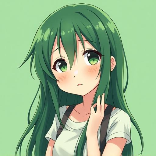 Anime girl with long green hair and green eyes. She wears a casual white top and a black strap. She looks a bit shy while holding her hand to her chin. The background is a soft green color.