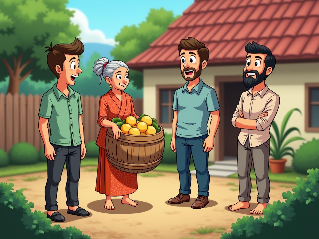 The image depicts a colorful cartoon scene outside a house. An elderly woman with a cheerful expression is holding a large basket of round fruits or vegetables. She is wearing a traditional outfit, and her hair is styled in a bun. A younger man stands beside her, wearing a casual shirt and jeans, engaging in conversation. There is another man dressed in traditional attire, listening intently to the discussion. The background shows a simple house, trees, and some plants, giving a lively and serene rural atmosphere.