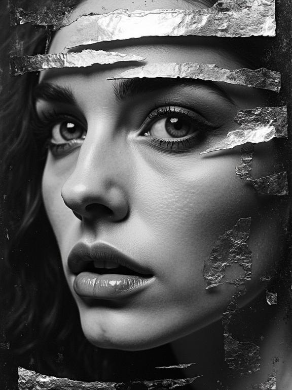 Monochrome collage features horizontal torn paper strips. Women's eye visible through layers. Rest of face hidden behind textures like metal foil and grain patterns. Torn pieces create disruption and distortion. Composition hints at identity. Mood is mysterious and symbolic of fragmentation.
