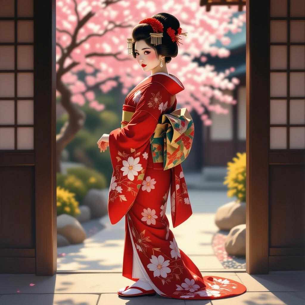 Captivating oil painting of girl in a traditional Japanese geisha outfit. Red kimono with intricate floral patterns. White tabi socks. Looking over shoulder. Passionate gaze with parted lips. Soft blush on cheeks. Refined hairstyle with okobo. Subtle makeup. Elegant posture. Arms at sides. One hand touching obi. Flowing kimono fabric. Traditional geta sandals. Graceful stance. Soft wind effect on sleeves. Dark background. Warm lighting. Shallow depth of field. High-quality art.