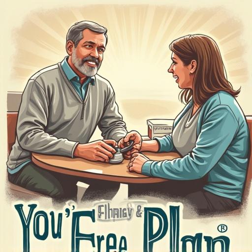 Individuals discussing a financial free plan at a coffee table. One man and one woman engaged in conversation. Illustrative style emphasizing warmth and approachability.