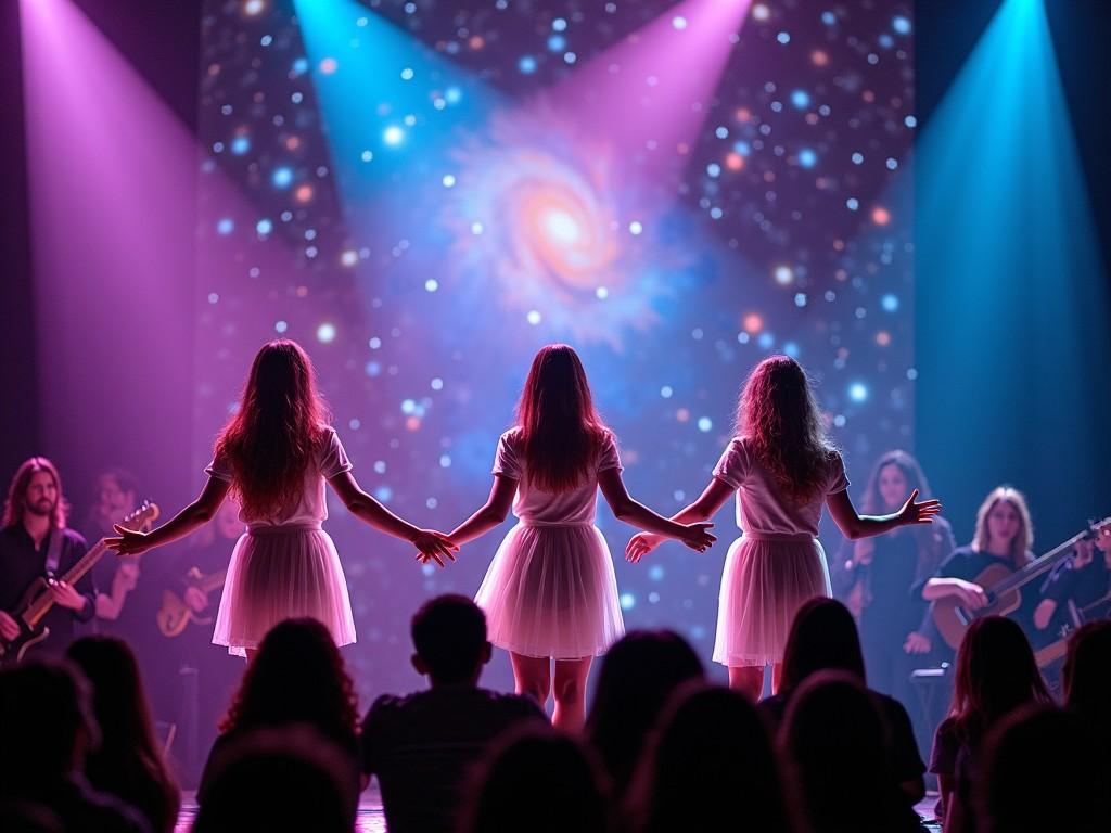 Three women in white dresses performing on stage with a cosmic background and live band, bathed in colorful lights.