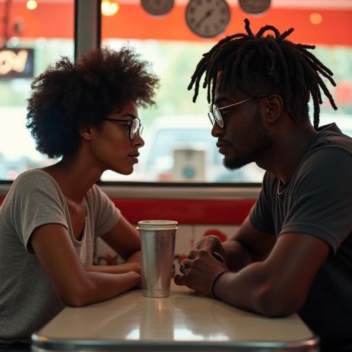 Couple seated at a table in a vintage diner. The girl has curly black hair and glasses. The boy has dreadlocks and glasses. They are engaged in conversation over a drink. The diner features retro decor and warm colors. The setting creates a cozy atmosphere.