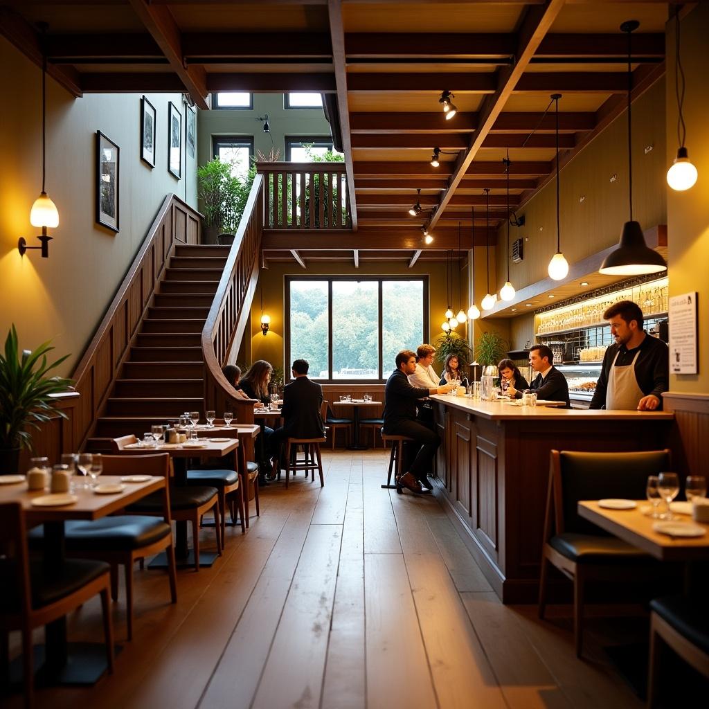 Restaurant interior with staircase on left side leading to upper seating area. Restaurant counter directly in front. Cozy atmosphere evident.