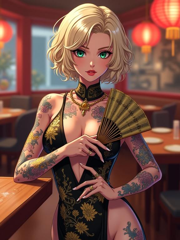 Anime character with emerald green eyes. Short elegant light blonde curly hair. Dressed in a sexy elegant Qipao dress. Holding a huge light gold lace fan. Tattoos cover arms and torso. Inside a luxurious Chinese restaurant at night. Decorated with red lanterns. Featuring elements of Japanese and futuristic styles. Character has a muscular physique and an air of celebrity.