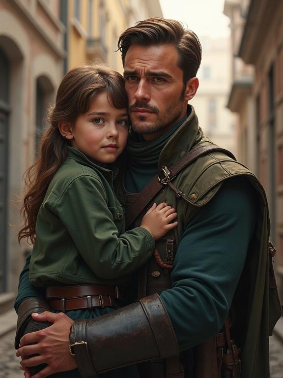 A strong military officer holds a young girl affectionately. The father appears composed and disciplined while showing warmth. Street setting suggests a connection to home. Both figures express a rich emotional bond.
